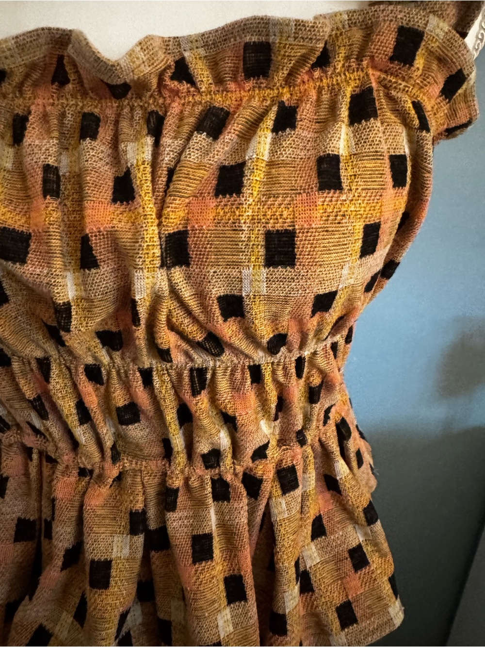 Eva Franco Mustard Yellow Black Geometric Ruffle Strap Tank - Picture 2 of 4